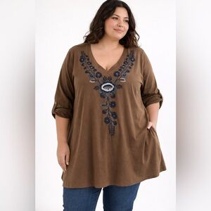 JW Los Angeles Embroidered Boho Tunic Top Brown Floral V Neck 2X